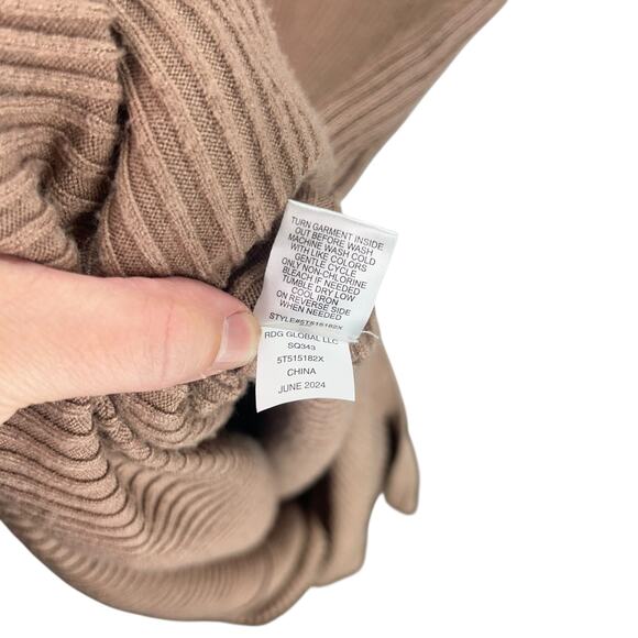 Off Shoulder Camel Sweater Dress M Ribbed Knit Long Sleeve Fall Midi - Picture 7 of 7